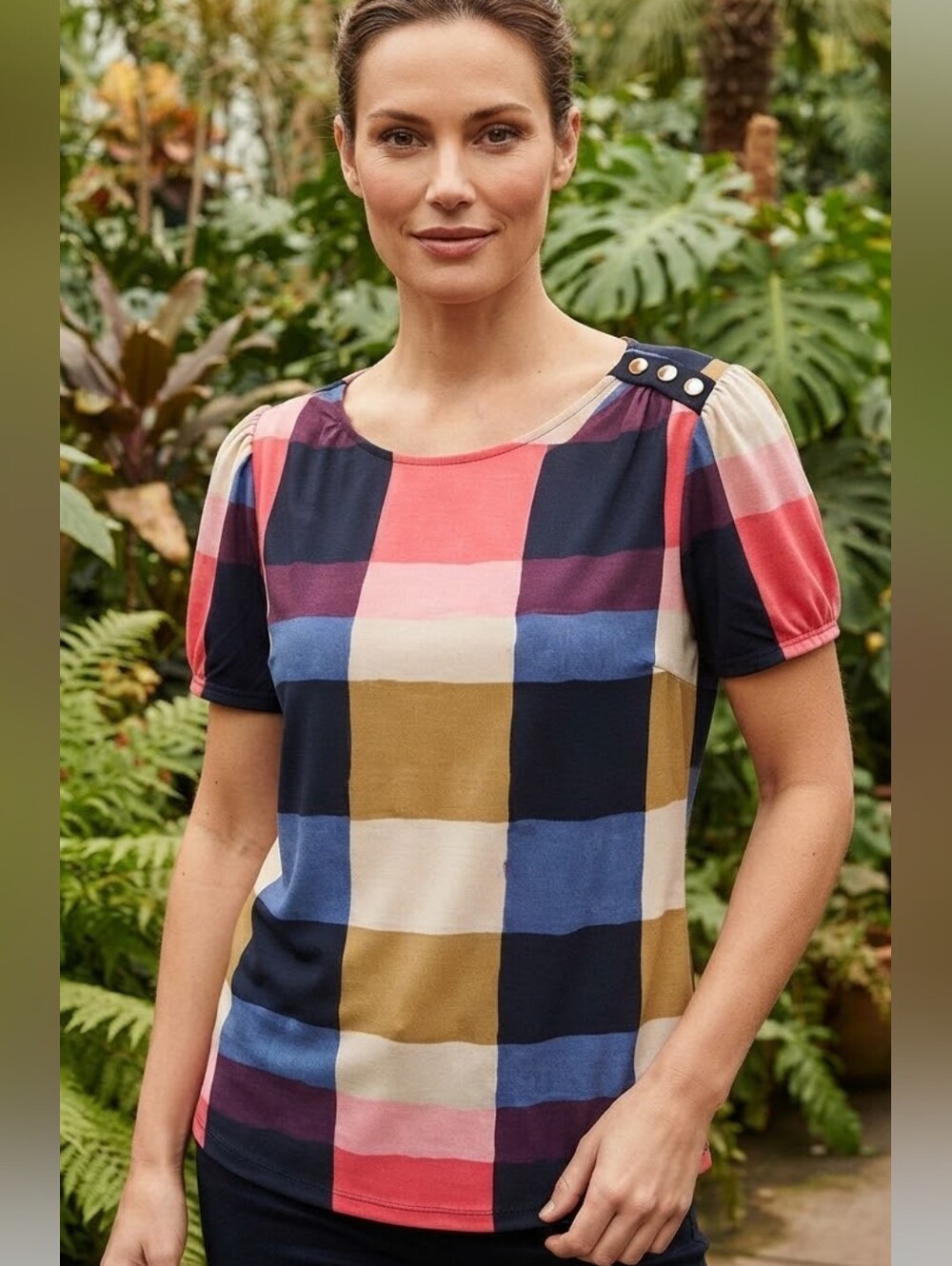 DKNY Multicolor Check Puff-Sleeve Top with Button Shoulder XXL